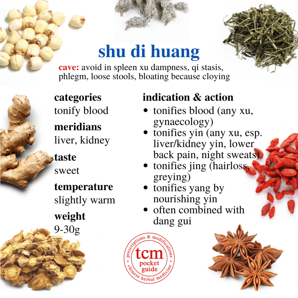 tcm pocketguide - shu di huang • radix rehmanniae preparata • prepared chinese foxglove root - indication action